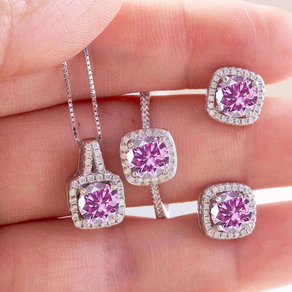 Women's Round Cut D Color Moissanite Set Real 925 Silver Pendant Necklace and Stud Earrings female dating fine Jewelry 52c