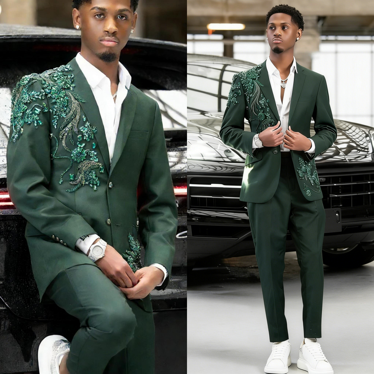 Luxury Men Suits Jacket Crystal Appliques Tailor-Made 2 Pieces Notched Lapel Blazer Two Button Groom Customized Coat Pants Plus Size