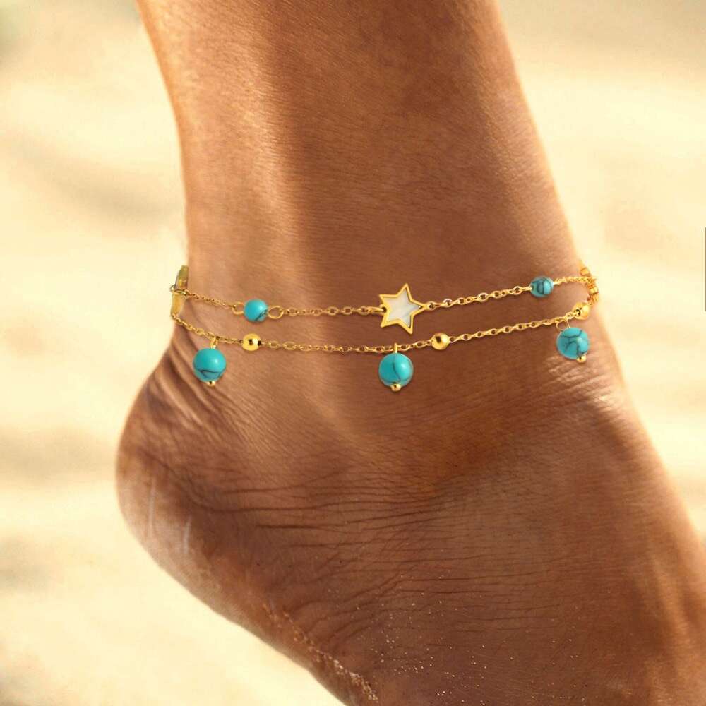 Foreign Trade Trend Turquoise Tassel Pendant Five-Pointed Star Inlaid Anklet Fashion Vacation Foot Ankle Chain Jewelry
