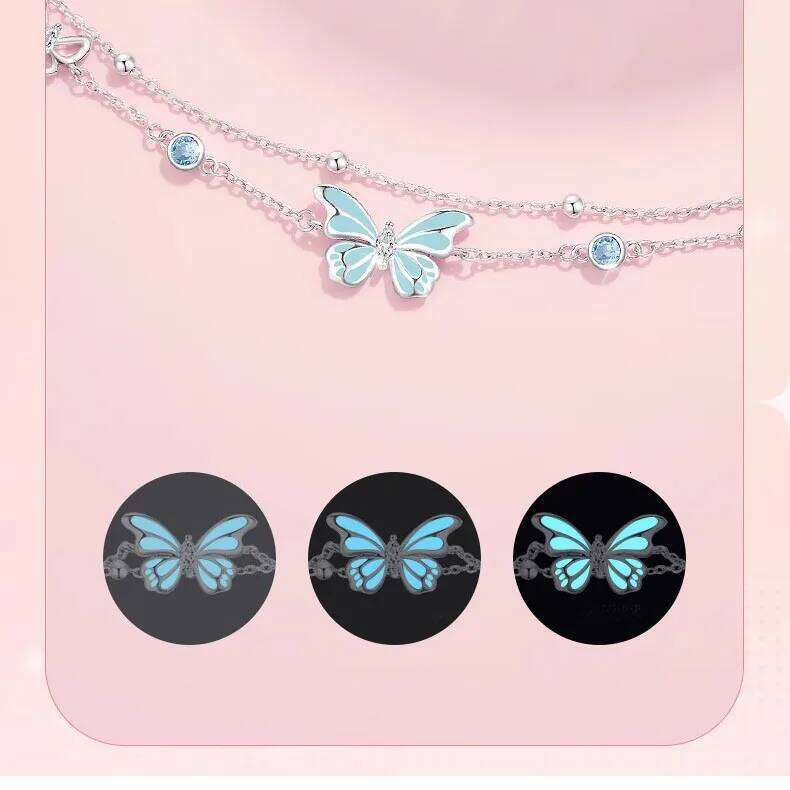 925 Silver Elegant Blue Luminous Double-layer Butterfly Bracelet with Adjustable Size for Women's Birthday Party Gifts 25H1229