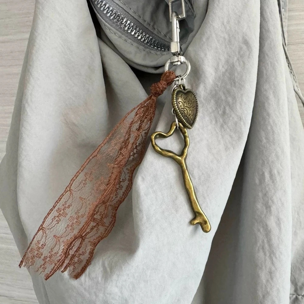 Ins Style Lace HeartShaped Pattern Key Cherry Chains Mirror Retro Y2k Cute Versatile Bag Hanging Decoration Keychain 251219