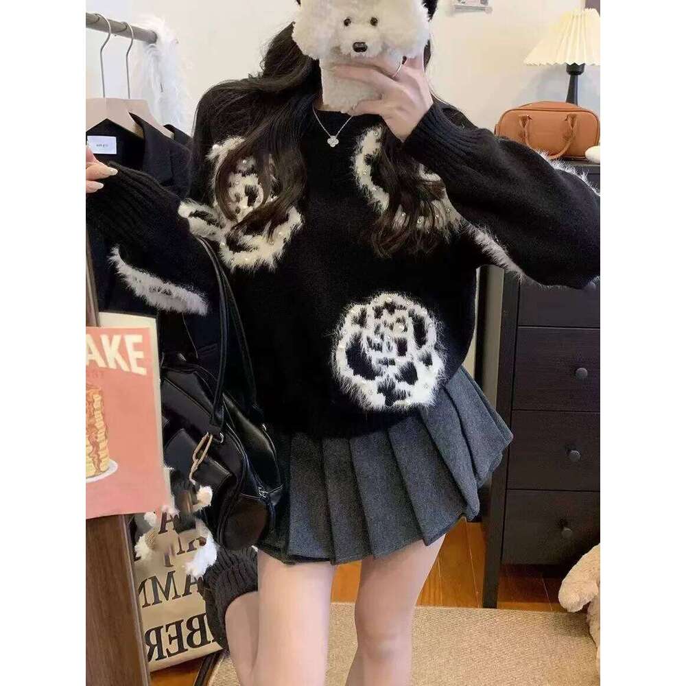 Vintage Beading Flower Embroidery Sweater Women Autumn Winter O Neck Loose Long Sleeve Pullover Fashion Knitted Tops