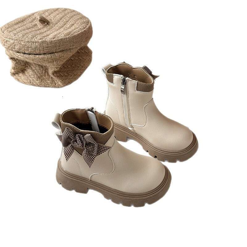 INS French Style Leather 2025 Autumn Winter New Korean Version Girls' Houndstooth Bow Martin Fleece-Lined Short Boots