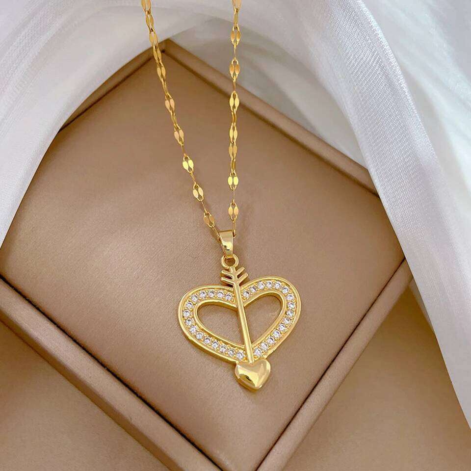 ZAKOL Fashion One Arrow Pierces The Heart CZ Necklace for Women Golden Stainless Steel Clavicle Chain Collares
