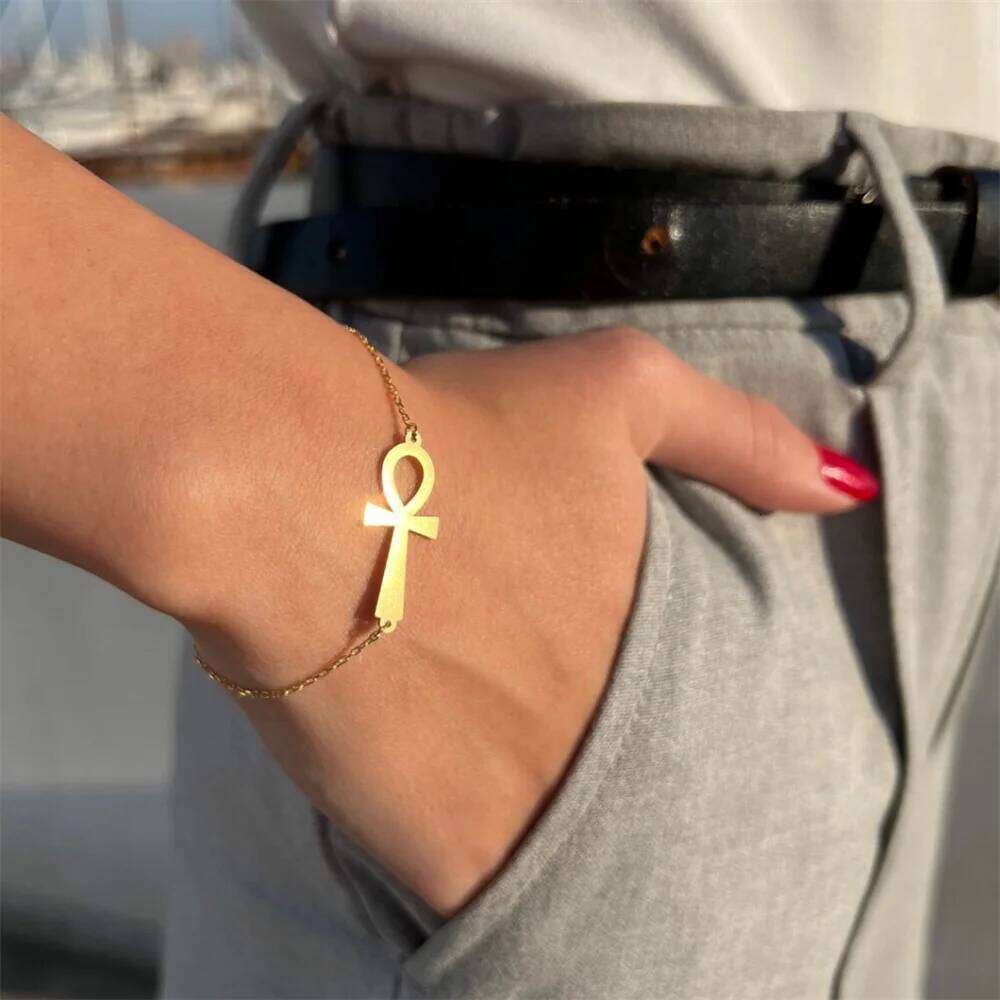 Minimalist Ancient Egypt Ankh Bracelet for Women Gold Color Stainless Steel Cross Wrist Chain Bangle Vintage Egyptian Jewelry 25H1229