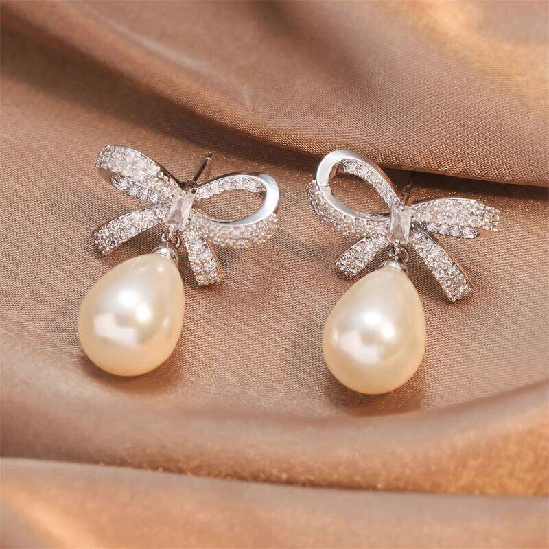 ZAKOL Brand Zircon Bow Pearl Drop Dangle Earrings for Women Elegant Bridal Wedding Party Jewelry