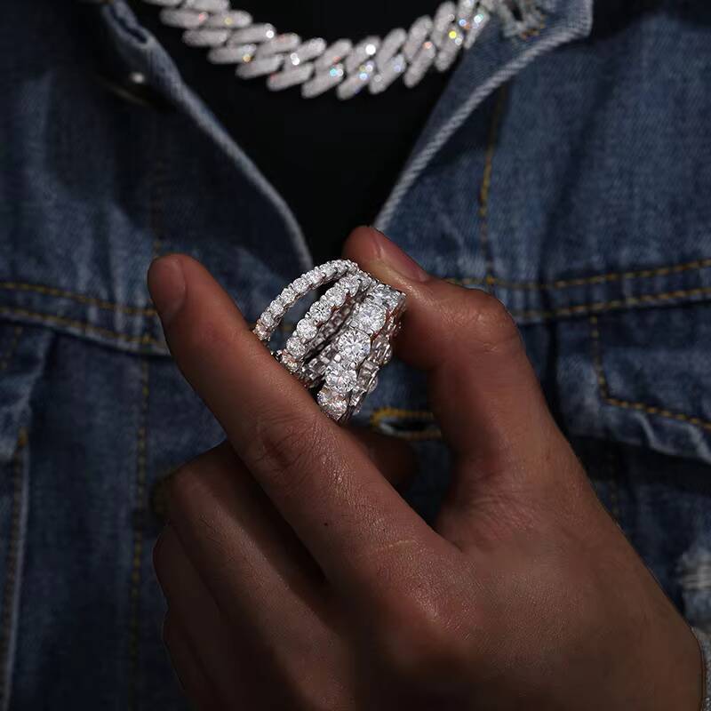 Iced Out Moissanite Wedding Ring Men 3mm 4mm 5mm Round VVS GRA Certified S925 Silver Eternity Band Ring Moissanite Ring