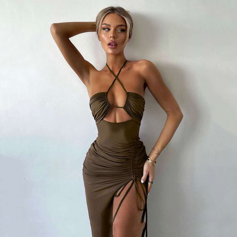 Dress for women European and American Fashion Halter Backless Slit Drawstring Slim Dress, 2026 Spring New Long Sexy Club Wear