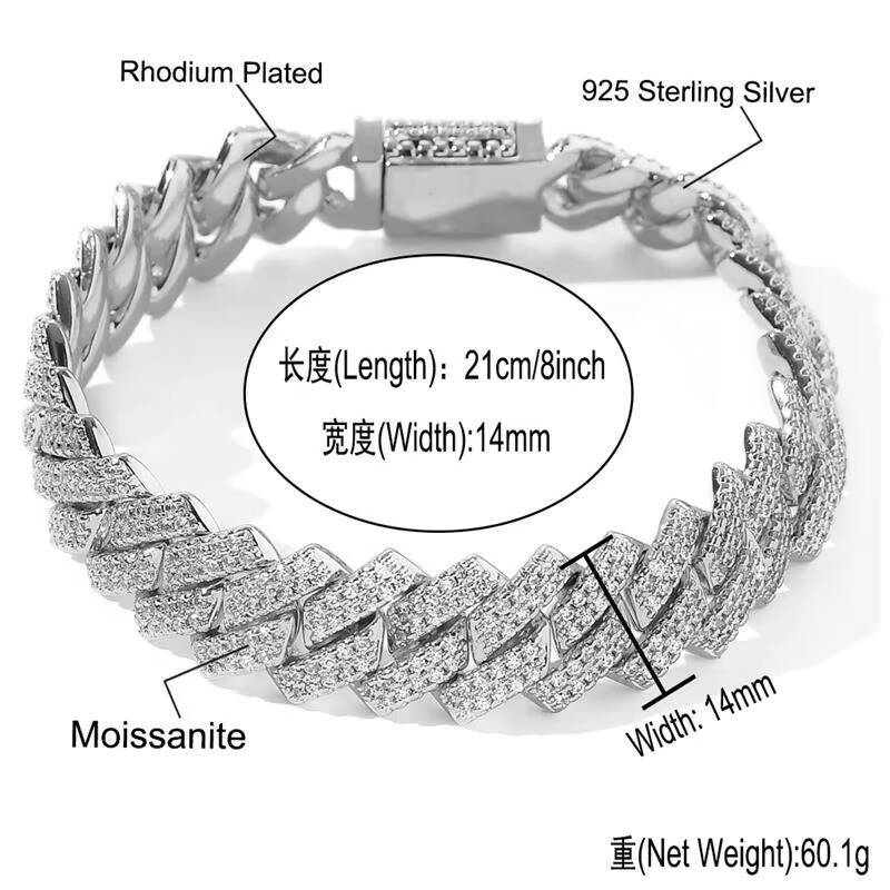Rhodium Plating Bling Zircon Moissanite With Hip Hop Iced Out 14MM Width 925 Sterling Silver Rhombus Cuban Chain Necklace