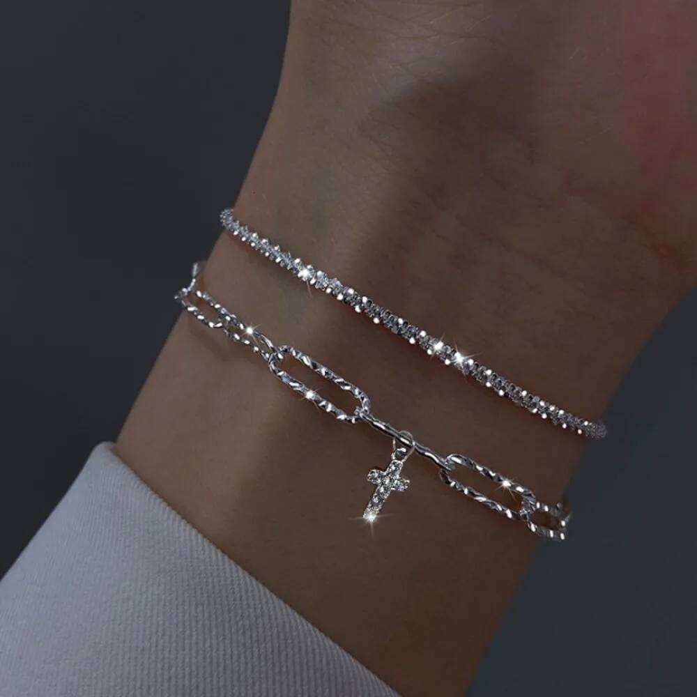2pcs Personality Trend Shiny Cross Love Pendant Double Layer Fold Wear Bracelets for Women Friends Charm Jewelry Gifts Set 25H1229
