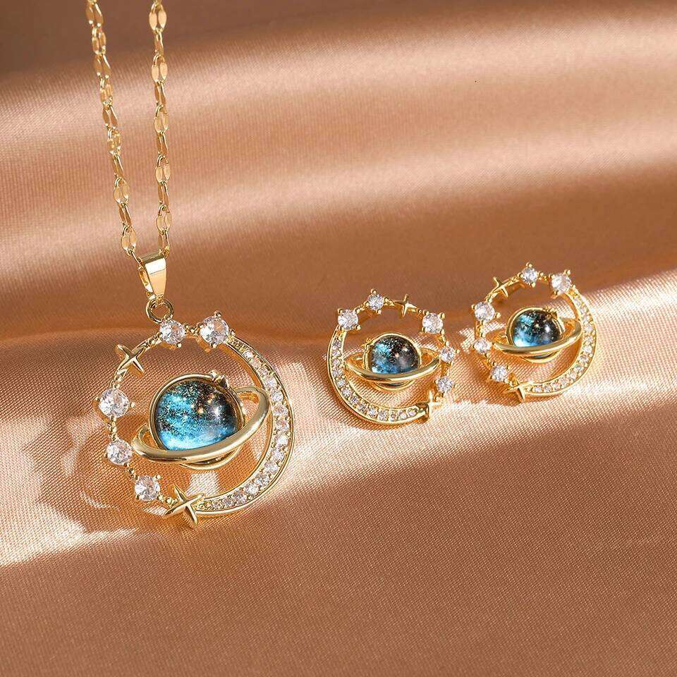 ZAKOL 2Pcs Titanium Steel Planet Round Earring Necklace Sets for Women Niche Fashion Female Birthday Jewelry Gift