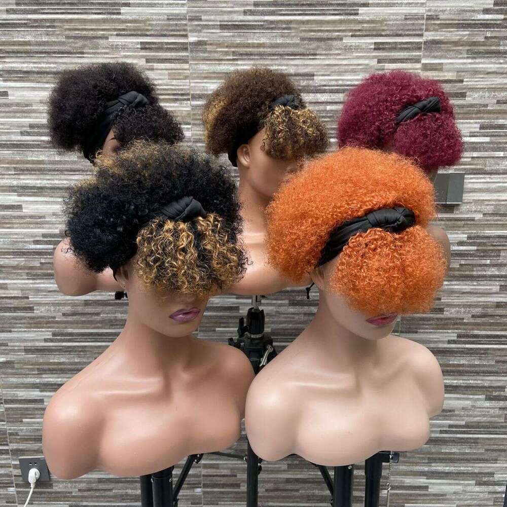 New African Ice Silk Hairband Colorful Fluffy Small Curl Afro Real Human Hair Wig Aimeier
