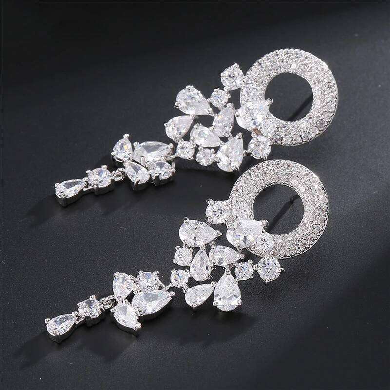 ZAKOL Vintage Sparkling Zircon Flower Dangle Earrings for Women Luxury Crystal CZ Bridal Long Earring Engagement Jewelry Gift