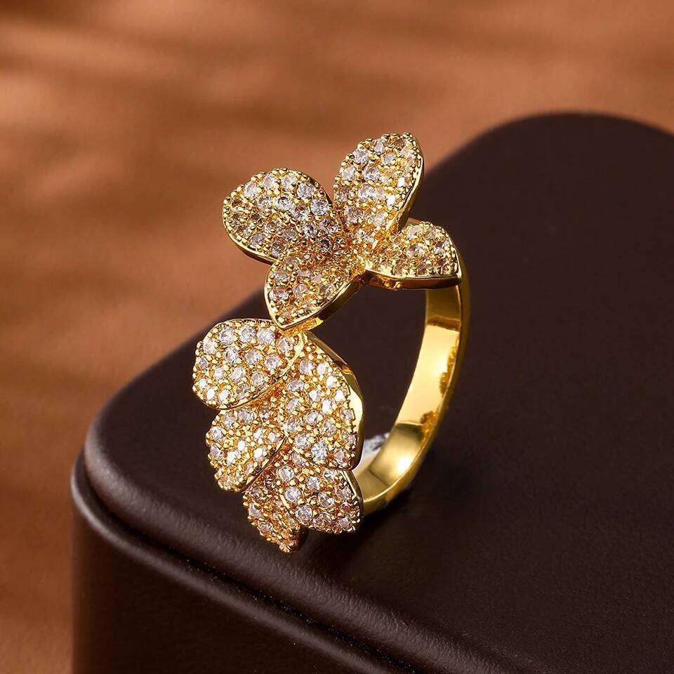 ZAKOL Exquisite Micro-intact Zircon Leaf Flower Open Ring Women Gold/Silver Color Metal Fashion Jewelry for Party Daily Wear