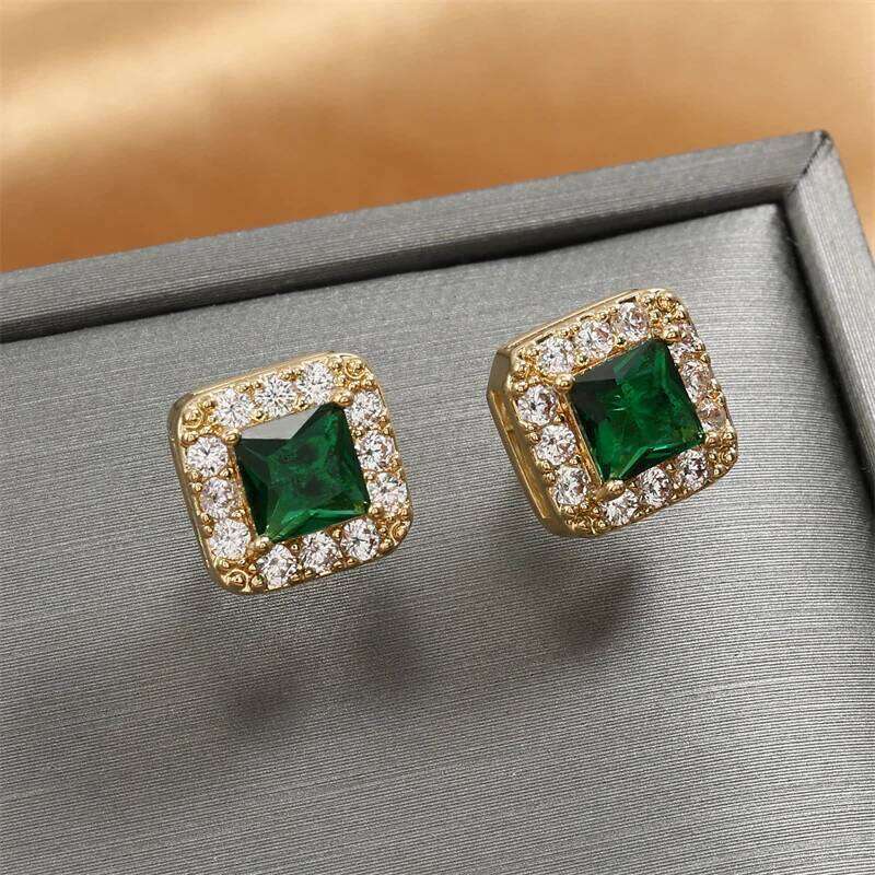 ZAKOL Vintage Green CZ Stud Earrings for Women Gold Color Luxury Bride Wedding Earring Elegant Ear Accessories Party Jewelry