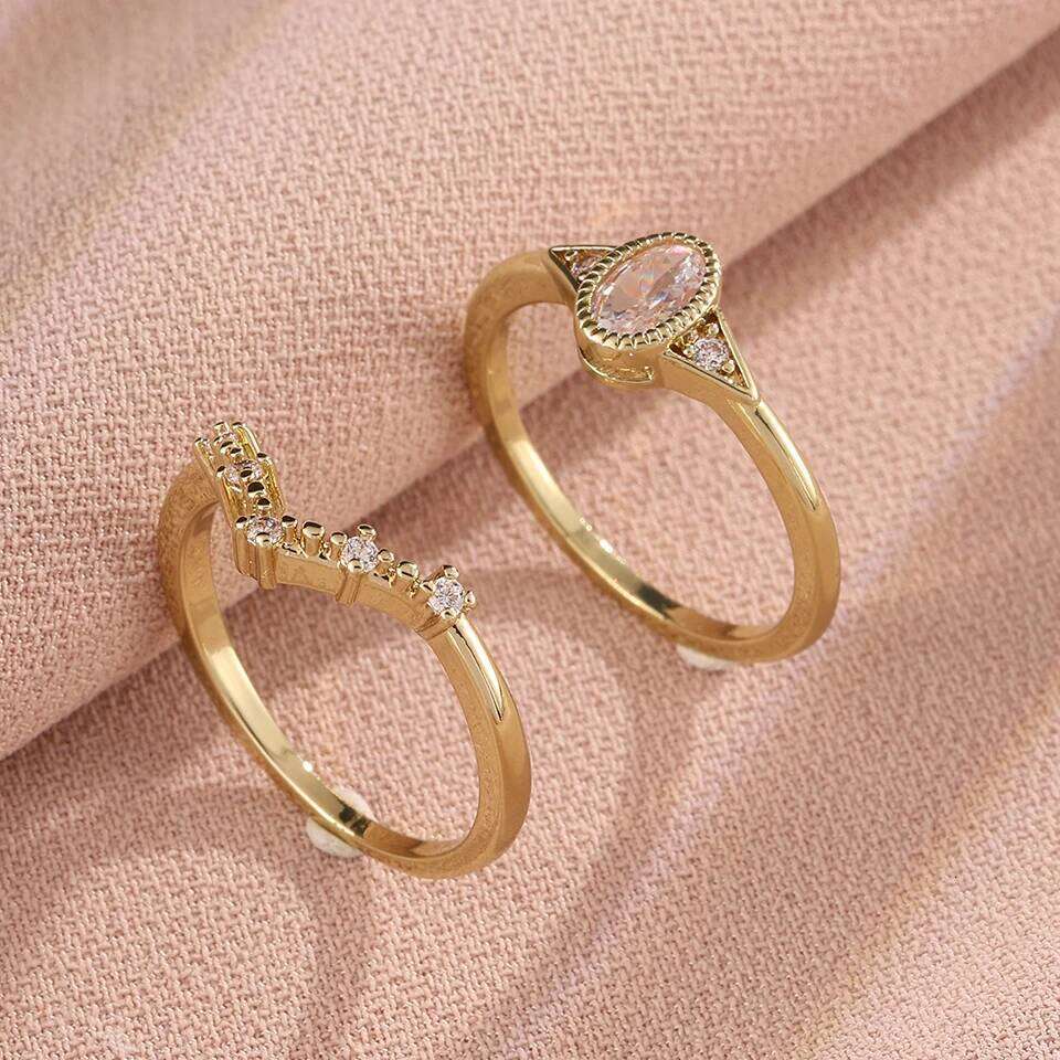 ZAKOL 2Pcs/Set Cubic Zirconia Set Rings for Women Bridal Geometric Water Drop Zircon Crystal Wedding Band Engagement Jewelry