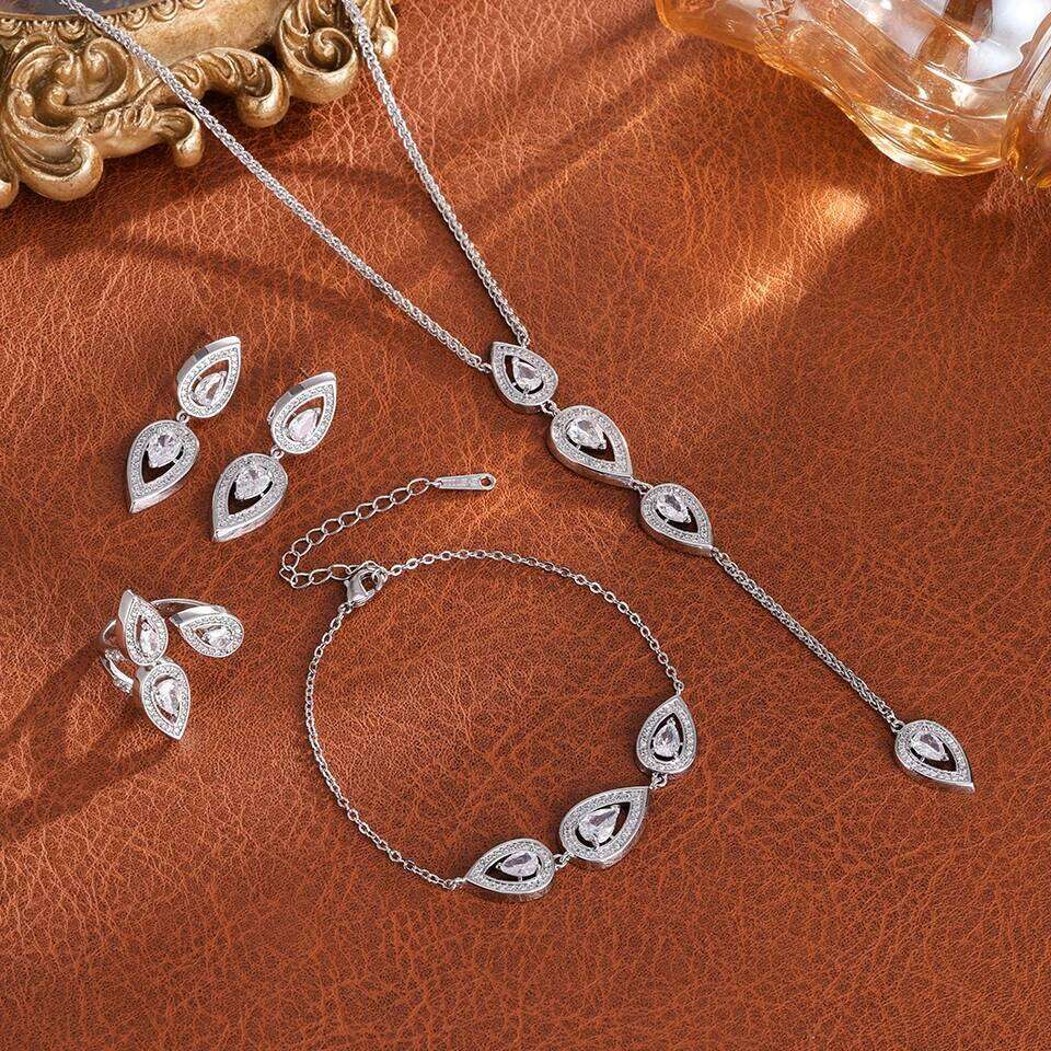 ZAKOL Luxury 18K Gold Plated AAA Cubic Zirconia Earring Necklace Jewelry Set Pear-shaped Water Drop Crystal Party Accessories