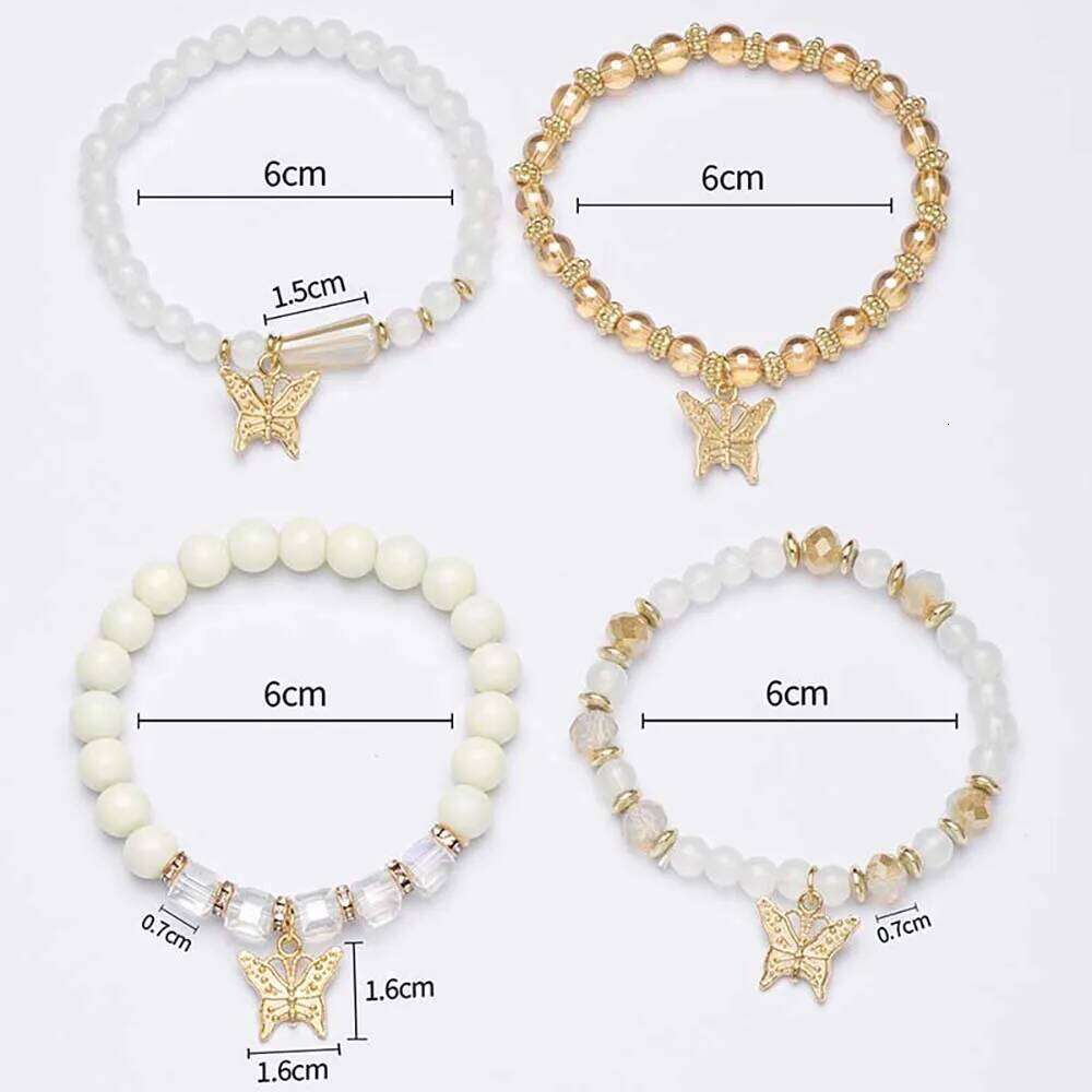 4PCS Bohemia Butterfly Charm Bracelet Set For Women Acrylic Beads Elastic Chain Bangle Men Wristband Fashion Party Jewelry Gift 25H1229