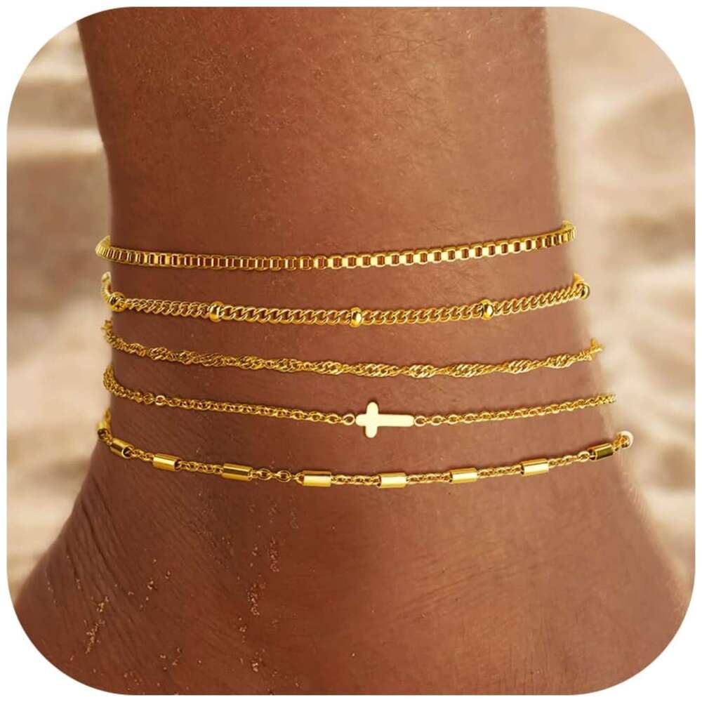 Cross-Border Best- Cross Inlaid Cuban Stainless Steel Braided Satellite Chain Anklet Layering Set
