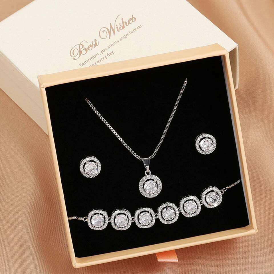 ZAKOL 3 Pcs Jewelry Set for Women Bridal Clear Round AAA Zircon Earrings Bracelet Necklace Sets With Gift Box
