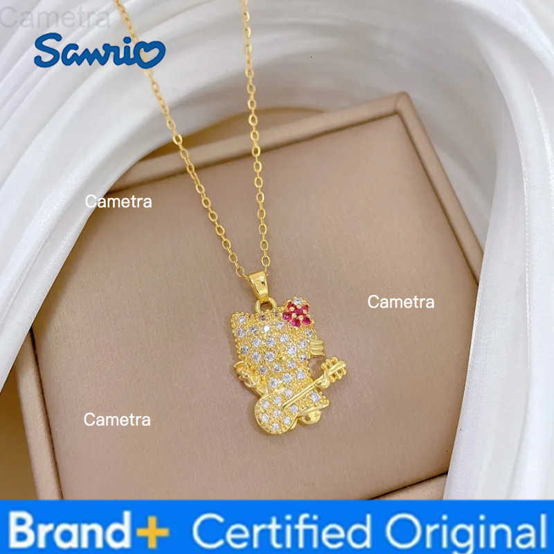 Sanrio Stainless Steel Chain Hello Kitty Playing The Guitar Pendant Necklace for Women Teen Girls Cute Zircon Jewelry Gifts H251229