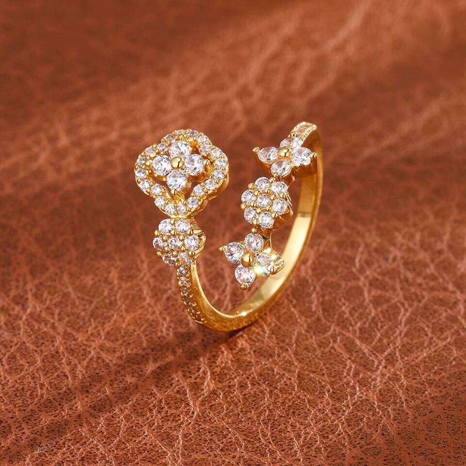 ZAKOL New Fashion Zircon Inlay Four-leaf Flower Design Open Ring For Women Exquisite Shiny CZ Niche Jewelry Gift