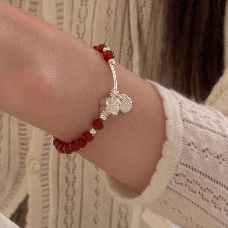VENTFILLE 925 Sterling Silve Red Agate Bracelet for Women Flower Pendant Lucky Bead Jewelry Gift 25H1229