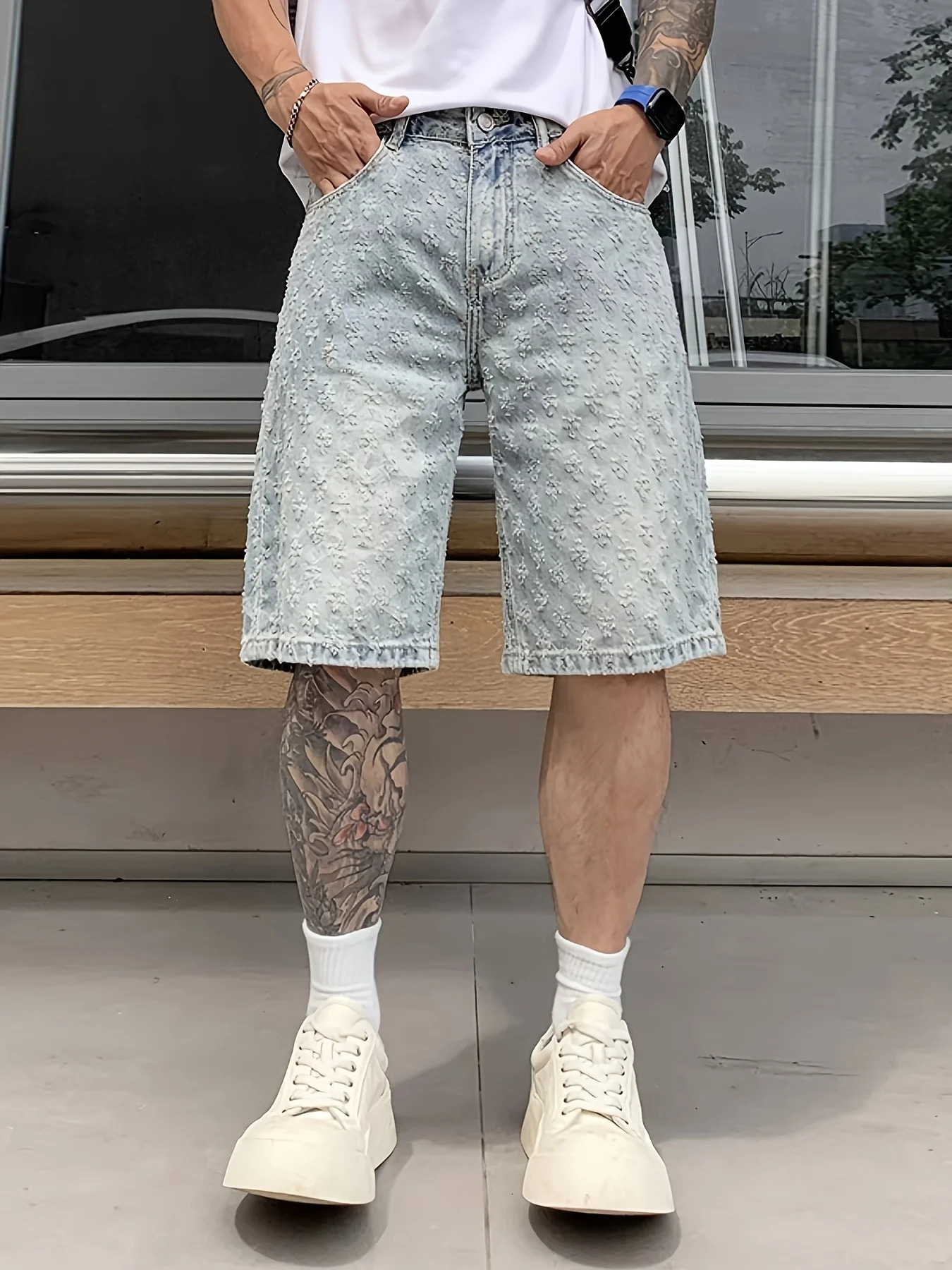 High Street Trendy Ripped Denim Shorts for Men Plus Size American Style Loose Straight-Leg Washed Denim Shorts for Summer 251223