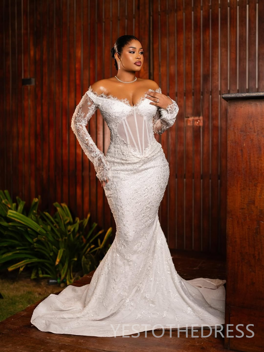 2026 Aso Ebi Arabic Mermaid Wedding Dress For Bride Bridal Gowns Illusion Off Shoulder Long Sleeves Beaded Lace Wedding Gowns for Black Women D734