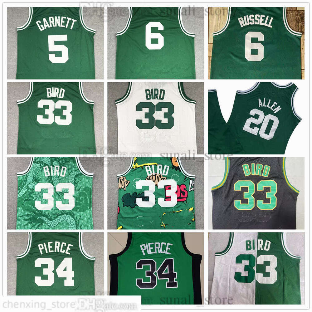 Retro Mesh Larry 33 Bird Jerseys Basketball Kevin 5 Garnett Paul 34 Pierce Bill 6 Russell Vintage Green White Sports Shirts Stitched Embroidery Men's S-3XL