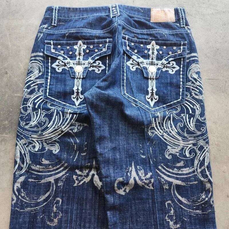 Y2K American New Fashion Pattern Geometric Embroidery Baggy Jeans Men Street Vintage Couple High Waist Wide Leg Trousers