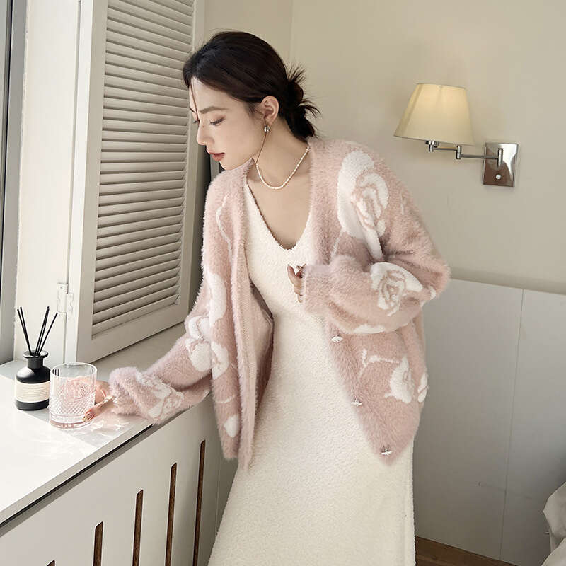 Elegant Rose Imitation Mink Velvet Socialite Lady Camisole Nightdress Robe Soft Sleepwear Women Autumn Winter Two-Piece Set