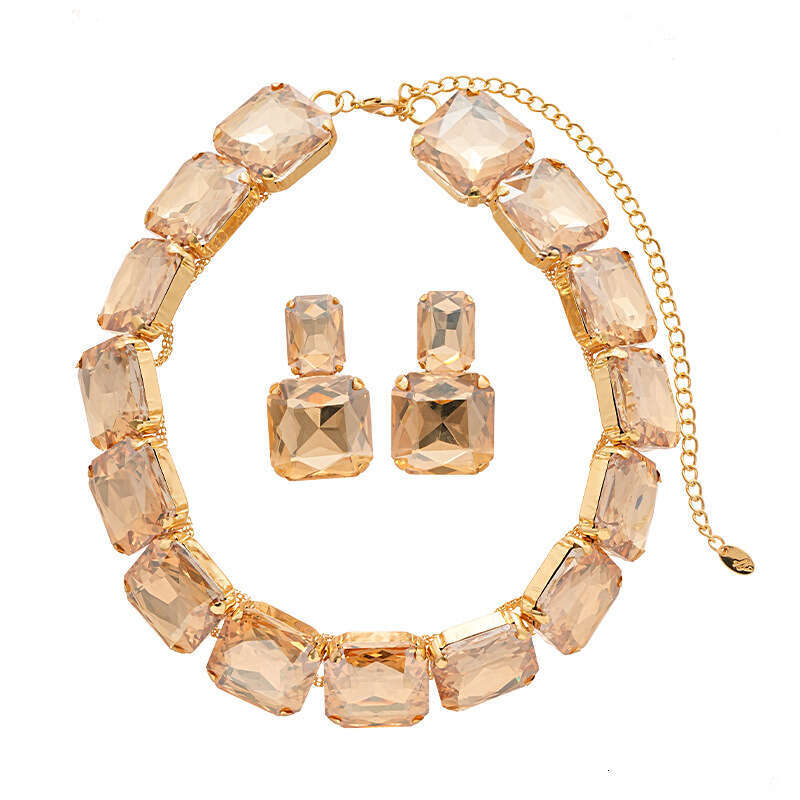 2-Piece Set Personality Exaggerated Diamond-Studded Square Stud Earrings European and American Light Luxury Niche Temperament High-End Necklace for Wo