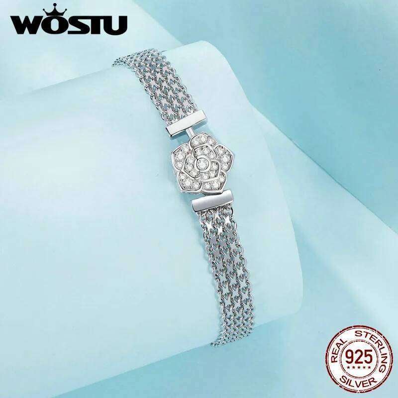WOSTU 925 Sterling Silver Rose Flower Basic Flat wide chain Bracelet Fit Charms Beads DIY Jewelry Party Birthday Gift 25H1229
