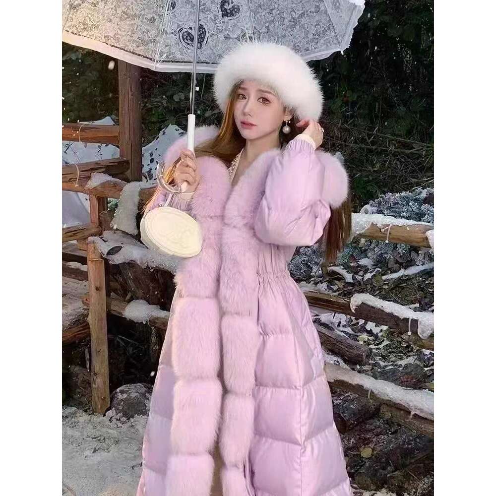 2025 New Style Fox Fur Collar Light Luxury Coat For Women, Long Over-The-Knee Thickened Fashion Trend White Goose Down Jacket Xing Zhiguang