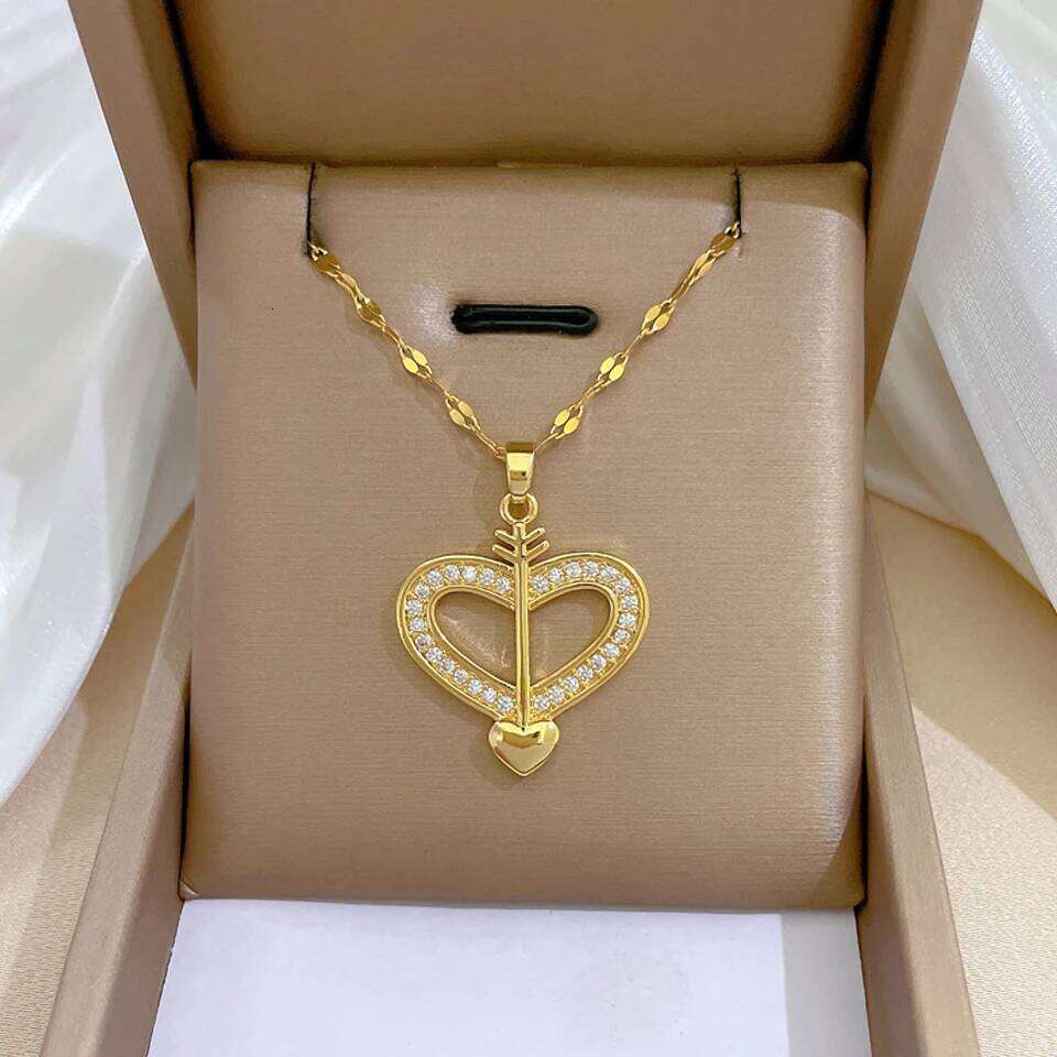 ZAKOL Fashion One Arrow Pierces The Heart CZ Necklace for Women Golden Stainless Steel Clavicle Chain Collares