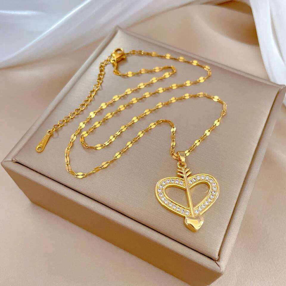 ZAKOL Fashion One Arrow Pierces The Heart CZ Necklace for Women Golden Stainless Steel Clavicle Chain Collares