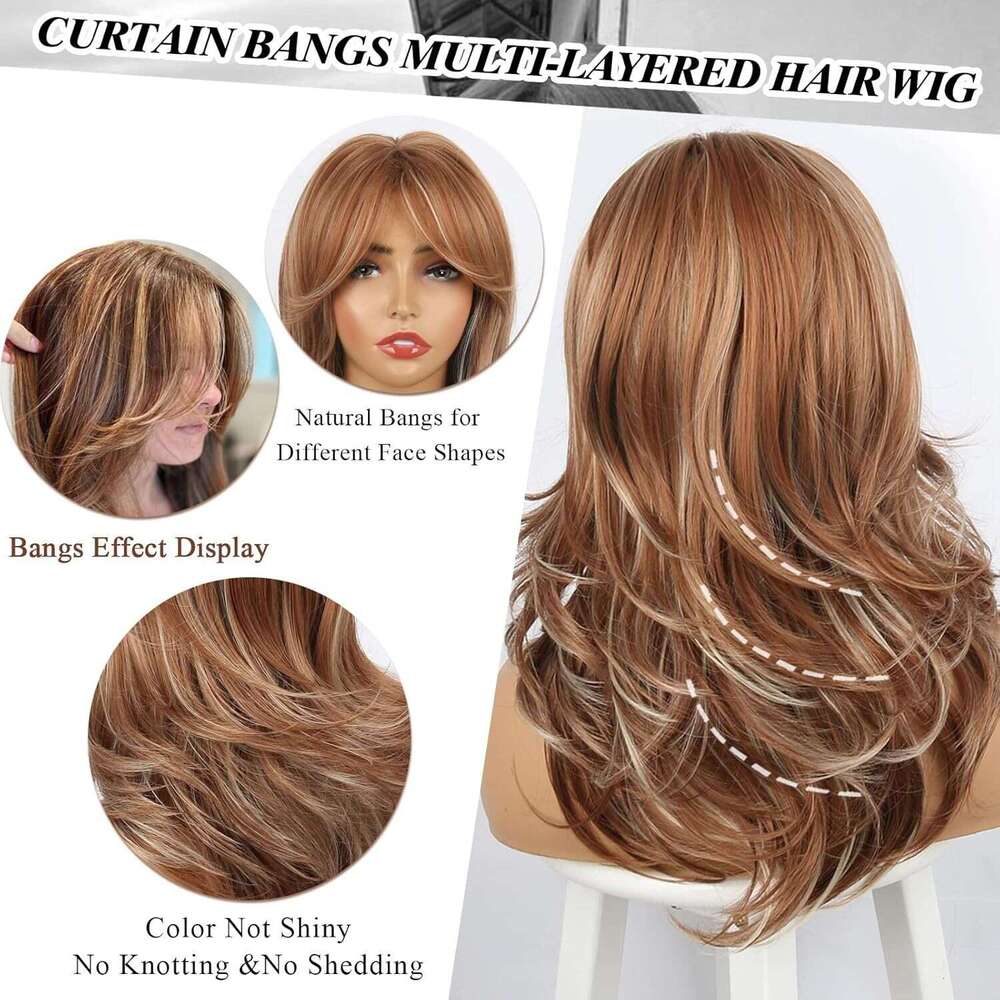 Women's Long Curly Hair Synthetic Medium-Length Brown Fluffy Multi-Layer Wig Xiusiyuan
