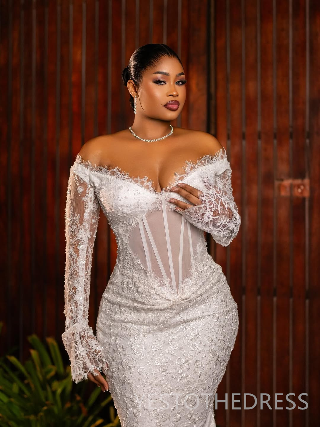 2026 Aso Ebi Arabic Mermaid Wedding Dress For Bride Bridal Gowns Illusion Off Shoulder Long Sleeves Beaded Lace Wedding Gowns for Black Women D734