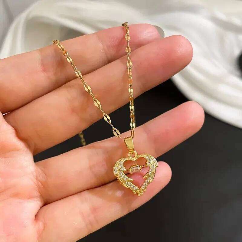 ZAKOL Temperament Smart Love Zircon Necklace for Women Gold Color Light Luxery Titanium Steel Pendant Necklaces Party Jewelry