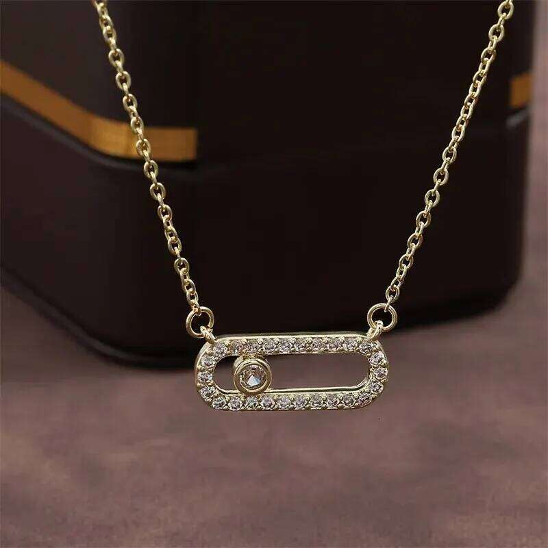 Creative Paper Clip Sided Square Pendant Necklace for Women Single Zircon Double Pin Geometric Necklaces Jewelry Gifts