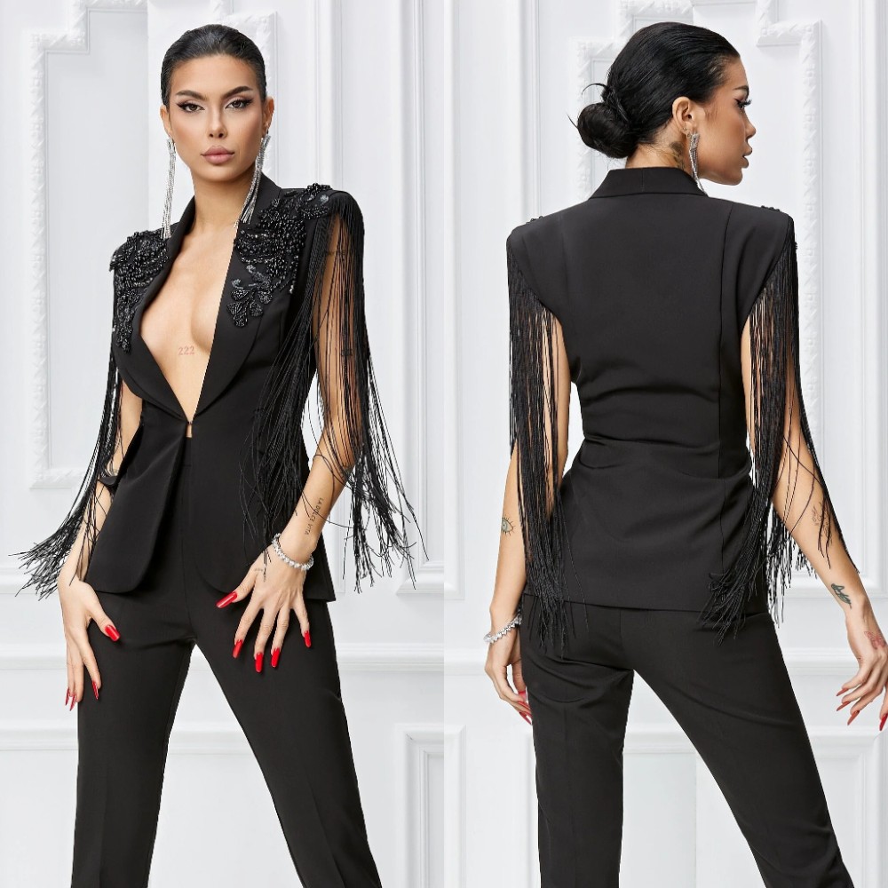 Fashion Women Jacket Suits Ladies Long Tassel Beads Sleeveless Pants Sets Prom Birthday Party Evening 2 Pieces