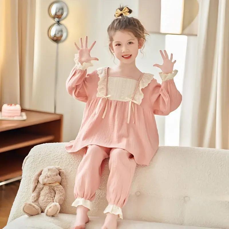 2025 Spring Autumn Girls Long Sleeve Pajamas Set Medium To Large Kids Cozy Home Wear Princess n Cotton Lounge Sets 251215