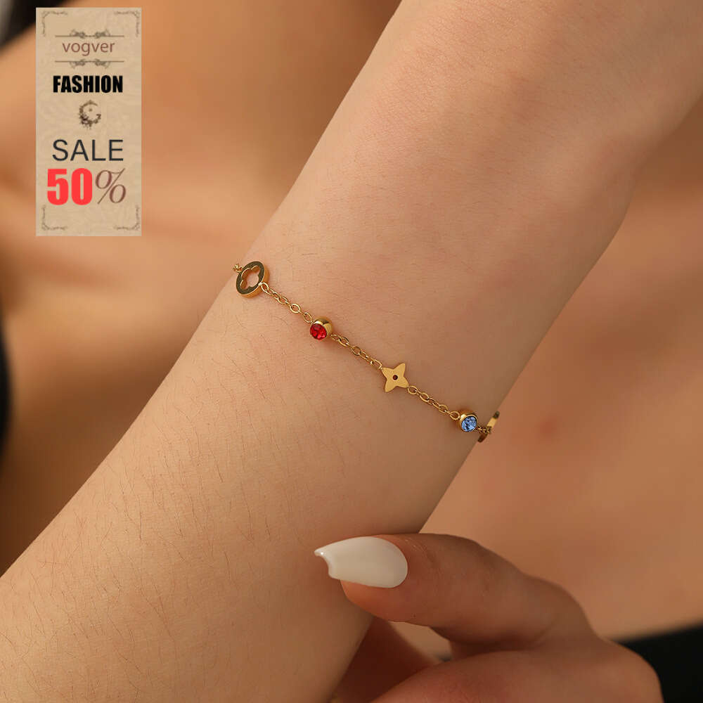 Bracelet For Women 18K Gold Plated Colorful Diamond Four-Leaf Flower Bracelet, European and American Light Luxury Inlaid with Diamonds Niche Jewelry