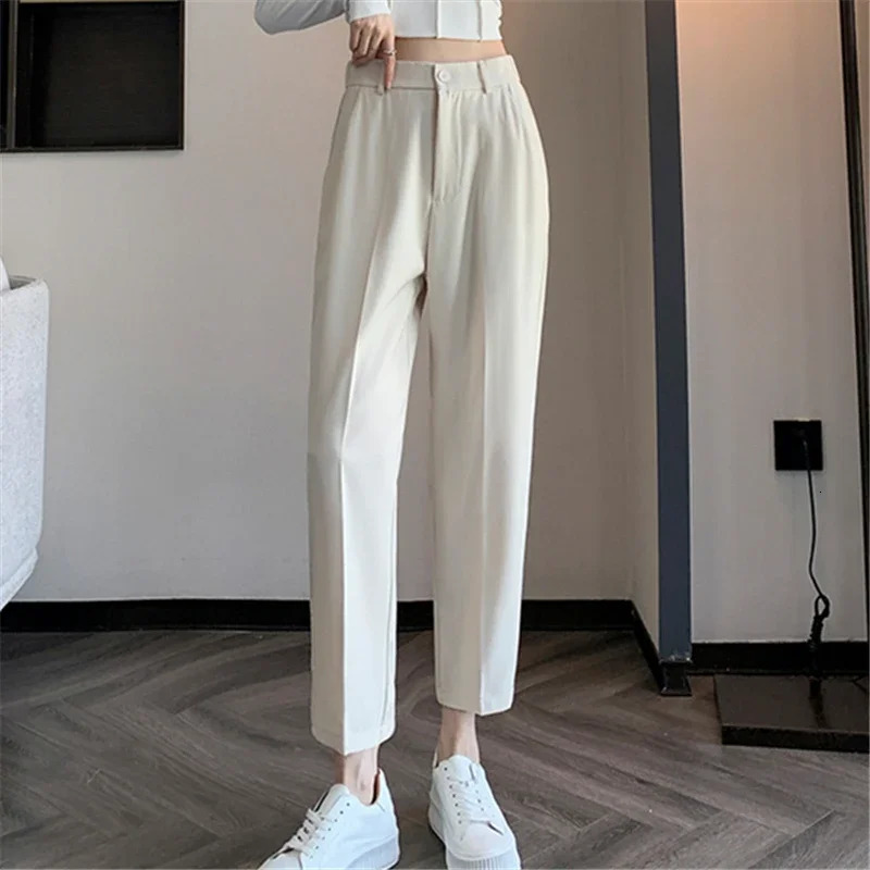 Womens High-Waisted Suit Pants Spring Summer Solid Button Casual Loose Ankle-Length Khaki Workwear Trousers Women 251219