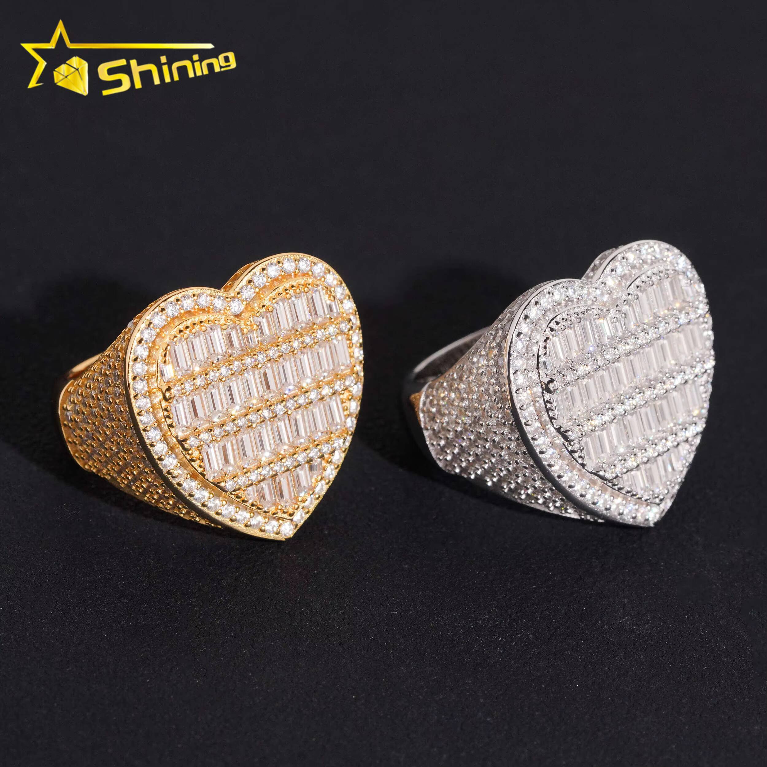 Heart Shape Baguette Moissanite 925 Sterling Silver Gold Plated Hip Hop Iced Out Cross Mens Rings