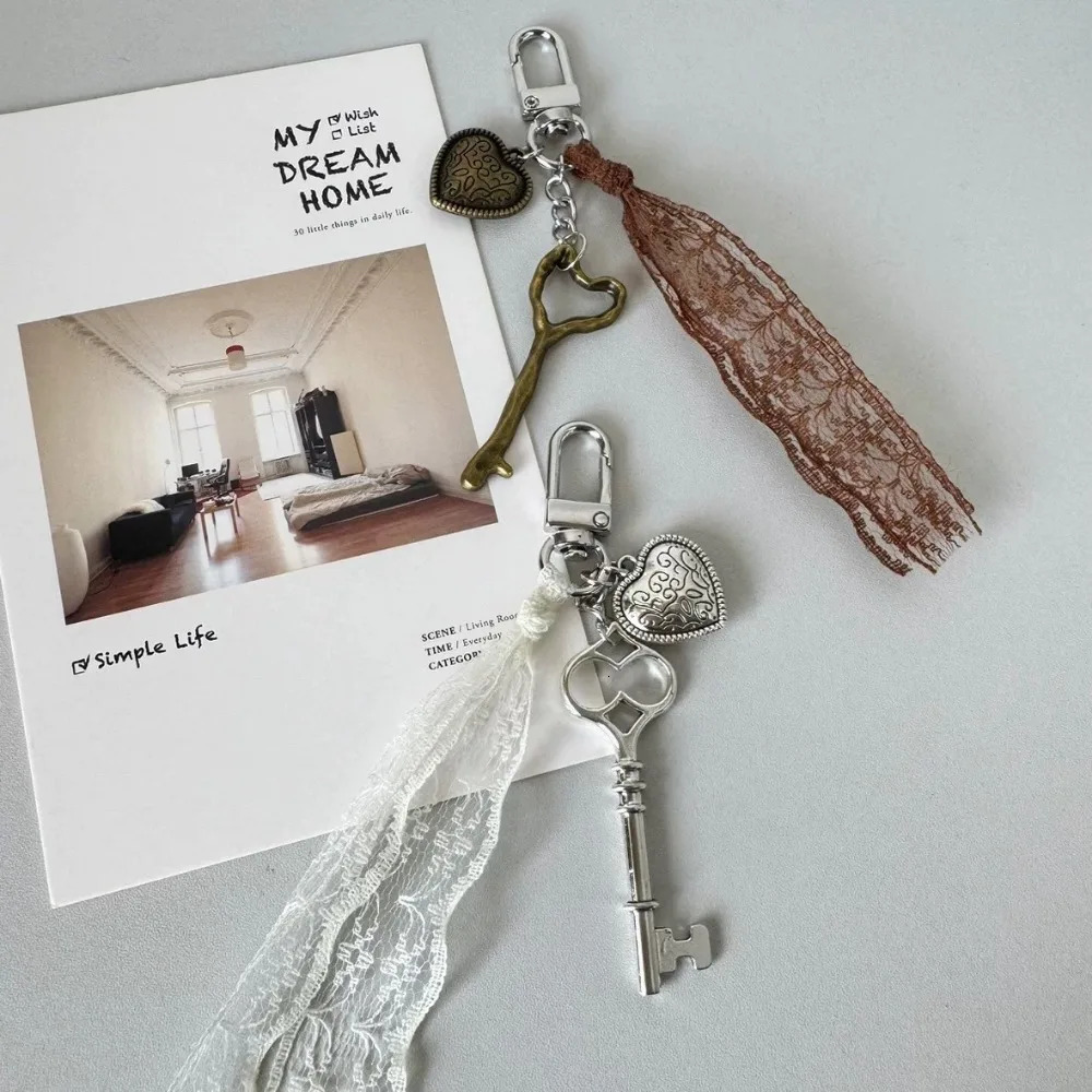 Ins Style Lace HeartShaped Pattern Key Cherry Chains Mirror Retro Y2k Cute Versatile Bag Hanging Decoration Keychain 251219