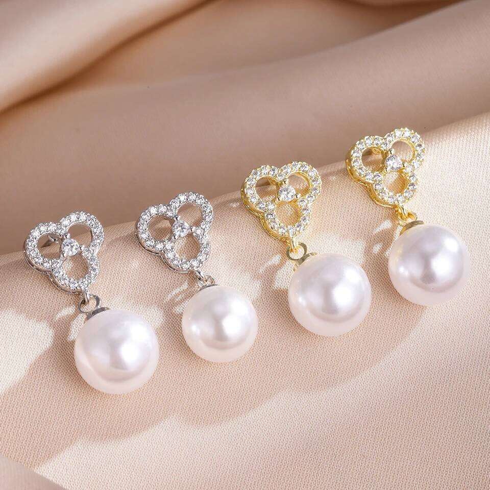 ZAKOL Elegant Shiny Zircon Inlaid Imitation Pearl Drop Earrings for Women Smooth Pearls Bridal Earring Wedding Party Jewelry