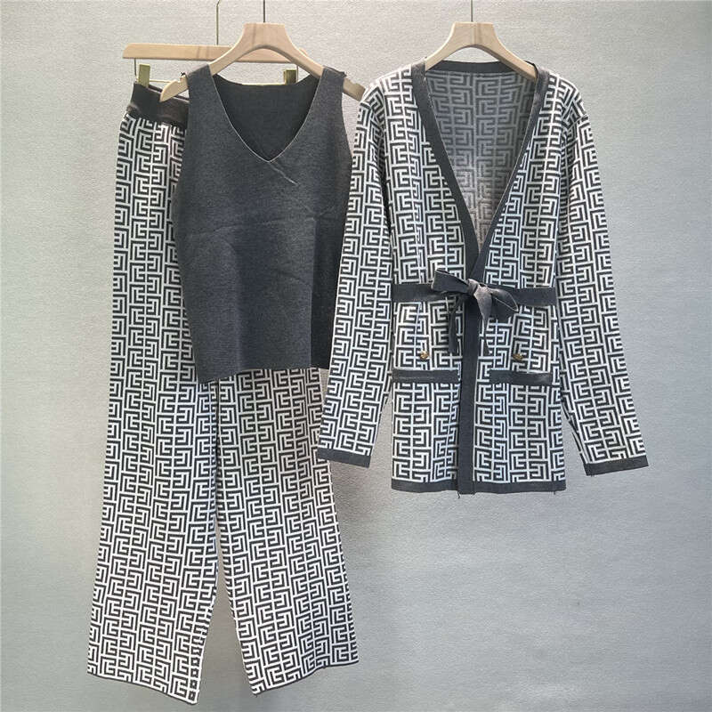 European Station Foreign Trade Fashion Casual Suit Women Autumn Winter Shawl Coat Knitted Sweater Wide-Leg Pants Three-Piece Set