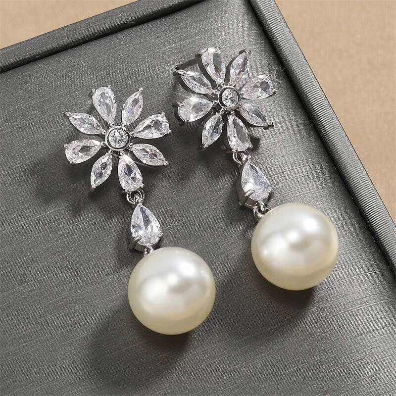 ZAKOL Sweet Romantic Round Imitation Pearl Drop Earrings Exquisite Shiny CZ Flower Earring Birthday Jewelry Gift for Girls
